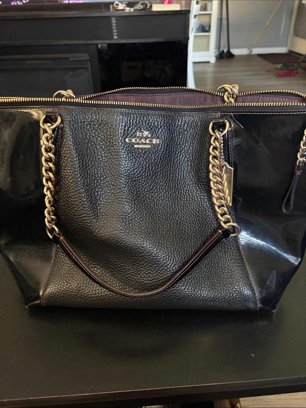 Coach Black Pebbled & Patent Leather Tote with Gold Chain Handles